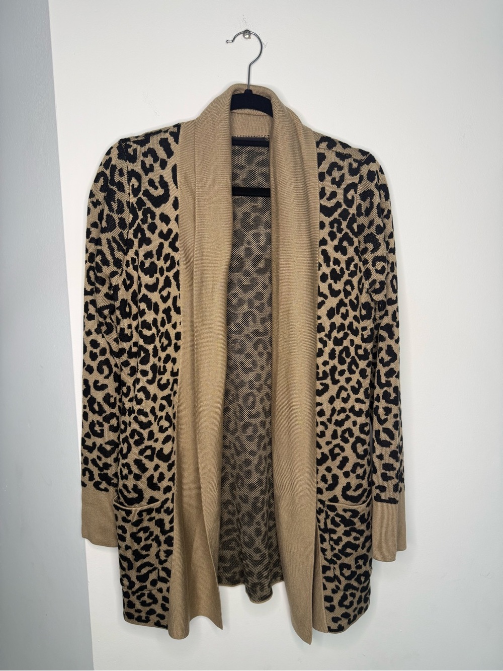 Moon & Madison Leopard Print Open-Front Cardigan in Beige and Black